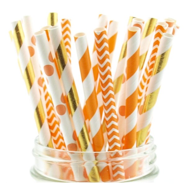 Thanksgiving Dinner Straws (25 Pack) - Fall Leaf Autumn Wedding Party Supplies, Orange & Gold Assorted Paper Straws for Thanksgiving Table Decor