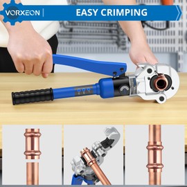 VORXEON Copper pipe Pro press crimper 8 Ton Hydraulic Tube Fittings Crimping Tool with Vus Dies 1/2", 3/4", 1", 360° Rotating Head Storage Case For Plumbers, Electricians, HVAC Techs