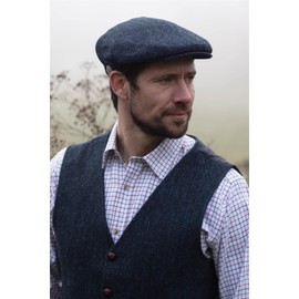 WALKER AND HAWKES - Men's Grey Brown 100% Scottish Harris Tweed Oakmoor Flat Cap - Midnight Blue - 3X-Large (62cm)