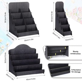 Wonderjune 3 Pcs 4 Tiered Greeting Card Display Stand Sticker Display Stand for Vendors Wooden Collector Card Rack Wood Holder for Postcard Photos Bookmark Trade Shows Retail Counter, 3 Sizes (Black)