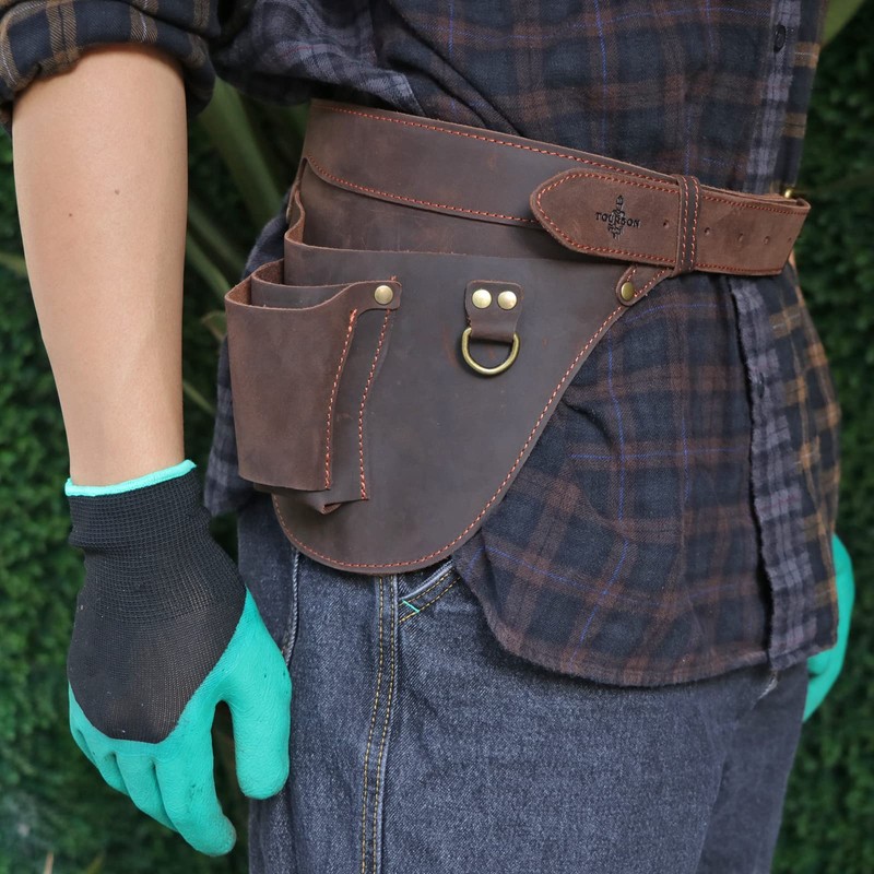 TOURBON Leather Garden Tool Bag Adjustable Waist Work Belt Pouch