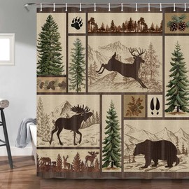 Rustic Cabin Shower Curtain for Bathroom, Forest Bear Deer Wildlife Country Bath Curtains, Hunting Camping Waterproof Fabric Bathroom Accessories Set,69x72 inch with Hooks