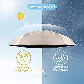 Mini Travel Folding Umbrella, Windproof Protection Umbrella with Case, Waterproof and Sun-proof, Compact Portable for Women Men (Beige)