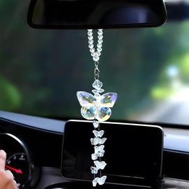 DUSCOKE Crystal Glass Butterfly Rearview Mirror Hanging Pendant- Bling Car Rear View Mirror Charm with Butterflies Tassel Bead- Lucky Presents Auto Interior Decoration Accessories for Cars (Butterfly)