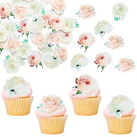 Ephlyn 48Pcs Rose Cupcake Toppers Wafer Paper Rose Flower Cupcake Picks Rose Edible Cupcake Decorations for Roses Theme Wedding Engagement Valentine's Day Birthday Party Decoration Supplies White