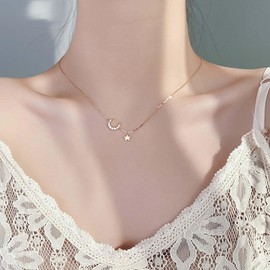 Cimenexe Bohemian Crystal Crescent Moon Necklace Gold Star Pendant Necklace CZ Paved Crescent Moon Collar Necklace Minimalist Moon Star Necklace Jewellery for Women, Zinc, No Gemstone