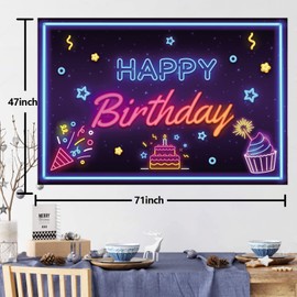 Neon Happy Birthday Banner Backdrop Disco Neon Glow Theme Decor Decorations for Let’s Glow Party Boys Girls Women Men 16th 21st 30th 40th 50th 60th 70th 80th 90th Birthday Party Supplies Glitter
