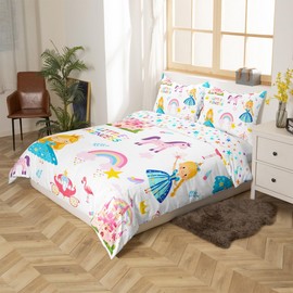 Manfei - Juego de funda de edredón de princesa pequeña, tamaño individual, juego de cama de unicornio castillo rosa de ensueño, 2 piezas, funda de edredón de dibujos animados, decoración de habitación