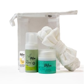 LAV Moisturising Face Care Bundle, Face Cream, Foaming Cleanser, Lip Butter with Headband and Bag (white, blue, green)
