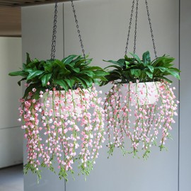 alyptus 2-Pack Artificial Hanging Lily of The Valley - Pink Faux Flowers UV Resistant Fake Plants for Porch Garden Home Decor - Includes Hanging Planters