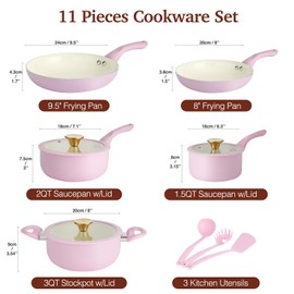 M MELENTA Pots and Pans Set Non Stick, Pink Ceramic Cookware Set, 11-Piece Induction Cookware, Non Toxic Healthy Kitchen Cooking Set, Gold Knobs Lids, Stay-Cool Handles