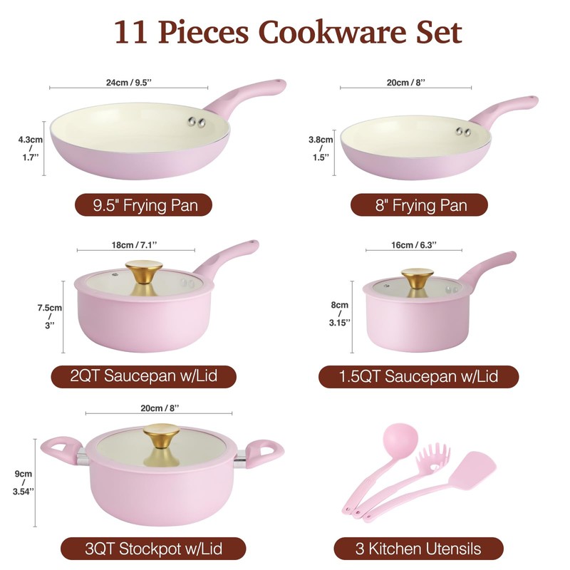 M MELENTA Pots and Pans Set Non Stick, Pink Ceramic