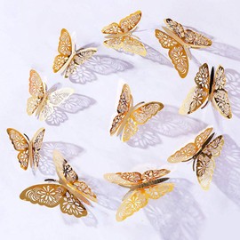 ALLICERE 12PCS 3D Hollow-Out Butterfly Wall Sticker Elegant Murals Wall Decal Wall Stickers Decoration for Babys Kids Bedroom Living Room Classroom Office(Gold)