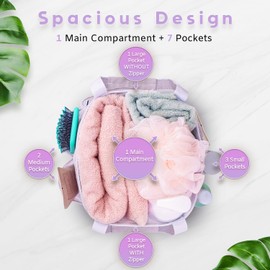 DV Lifestyle Mesh Shower Caddy Dorm, 7 Pockets & 1 with Zipper, Shower Tote with Padded Handles, Travel Shower Caddy Portable, Shower Caddy College Room Essentials, Bathroom Shower Bag (Light Gray)