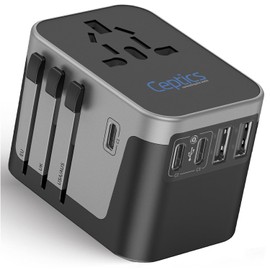 Universal Travel Power Adapter, Ceptics 6 in 1 Worldwide International Wall Charger with 2X USB-A - 3X USB-C 6A, Travel Power Adapter for for USA EU UK AUS Mobiles Laptops Cameras, UP-30KU-BL