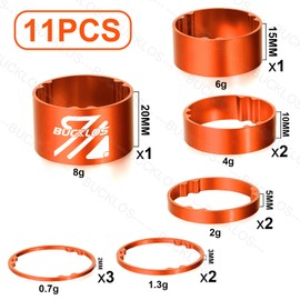 BUCKLOS 11 PCS Bike Headset Spacer Aluminum Alloy/Carbon Fiber 20 15 10 5 3 2 mm for Bicycle, 1-1/8 Inch Fork Handlebar Stem Spacers Threadless, fit in MTB Road BMX Folding Bikes.