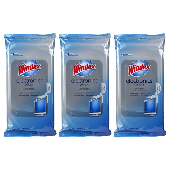Windex Electronics Wipes, Pre-Moistened, Provides Streak-Free Shine, 25 Count (Pack of 3)