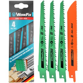 WerkFix Reciprocating Saw Blades Set of 4 – Made in Germany – Reciprocating Saw Blade 150 mm for Reciprocating Saw Accessories 3 Pieces for Wood and 1 Piece for Metal, Saw Blade Made of HSS Bi-Metal