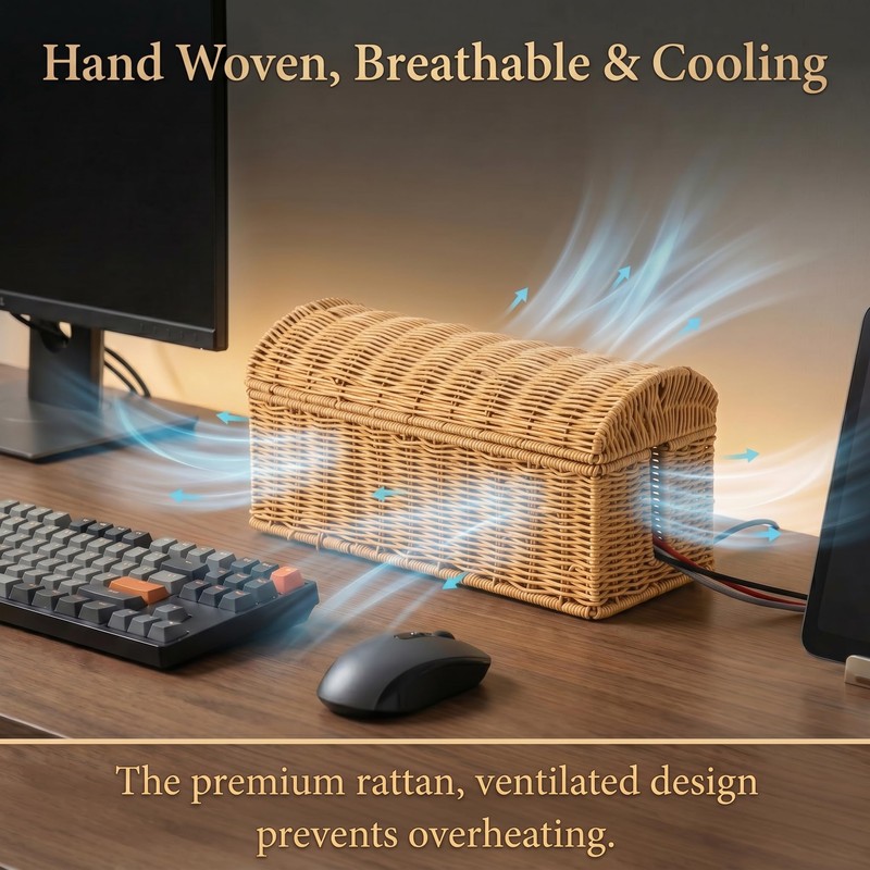 Large Rattan Cable Management Box, Decorative Large Power Strip and