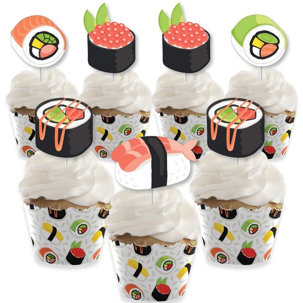 Big Dot of Happiness Let's Roll Sushi - Juego de 24 envoltorios para cupcakes y palillos para dulces