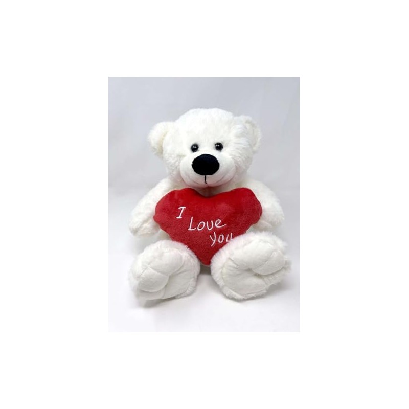 White Teddy Bear holding Red Heart with "I Love You"