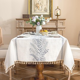 Alsoo Tablecloth Rectangle 55" x 75", Farmhouse Linen Style Table Cloth with Blue Fern Embroidery and Tassels, Heavy Weight Wrinkle & Spill Resistant Table Cover for Dining Kitchen (4-6 Seats)