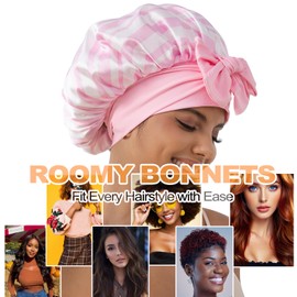 GDTOGRT Satin Silk Bonnet for Sleeping Women, Double Layer Sleep Hair Bonnets Caps for Curly Natural Hair with Tie Band - Pink Stripe