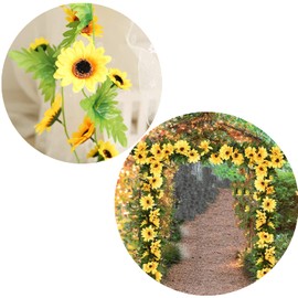 2 pcs Artificial Sunflower Garland,Sunflower Vine with Leaves,Hanging Garland with Green Leaves,Outdoor false flower arch,arrangement for Wedding Party Anniversary Home Office Table Centerpiece Decor