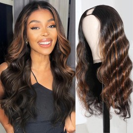 BDBDBD Ombre V Part Wig Human Hair Body Wave Upgrade U Part Human Hair Wig with Clips Brown Wigs for Black Women 180% Density No Leave Out Highlight Wig Beginner Friendly (14 inch)