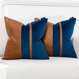 Vfuty Set of 2 Dark Blue and Brown Decorative Throw Pillow Covers 18x18 Inch Faux Leather and Velvet Patchwork Pillow Cover,Modern Farmhouse Accent Pillow Case for Living Room Couch Bed Boho Decor