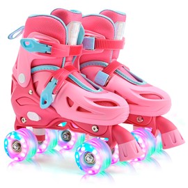 2PM SPORTS 4 Size Adjustable Light Up Roller Skates for Girls, Flashing 4 Wheels, Beginner Kids Rollerskates for Age 5-8 8-12 - Red Small