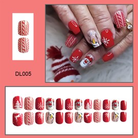 Christmas Press on Nails Short Square Christmas Fake Nails with Snowmen Santa Claus Designs Winter Christmas Glue on Nails Red Glossy Artificial Acrylic False Nails for Women Holiday Manicure 24Pcs