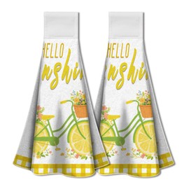 WADORN 2Pcs Lemon Bicycle Flowers Hand Towels with Hanging Loop, Soft Absorbent Bicycle Kitchen Towels Farmhouse Summer Decor Dish Cloths Set for Housewarming Gift Home Decoration, 13.5x12.4 Inches