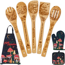 Mushroom Decor Cooking Utensils Set-8 Piece Kitchen Utensil Set,1 Oven Mitts and 1 Pot Holders Set 1 Farmhouse Apron 5 Wooden Cooking Spoon for Housewarming Wedding Gift for Women Men (Black)
