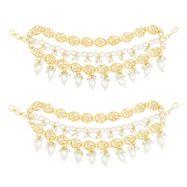 Aheli Gold Plated White Kundan Beads Studded Earrings Chain Ethnic Stylish Fashion Hair Accessories Jewellery Gift for Women