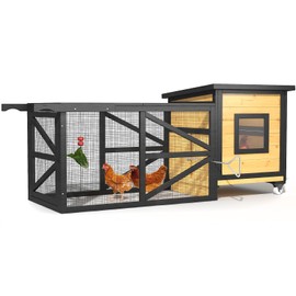 TIMHAKA 71'' Chicken Coop, Chicken House for Outside, Outdoor Duck Coop, Wooden Mobile Chicken Coops with Run & Waterproof Asphalt Roof, Wheels, Removable Tray and Hanging Chicken Feeder