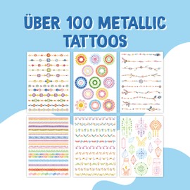 Papierdrachen 100 Metallic Tattoos for Sticking, Skin-Friendly Children's Tattoos, Jewellery Elements, Glitter Tattoo, as a Birthday Party Bags, Vegan, Made and Tested in Germany