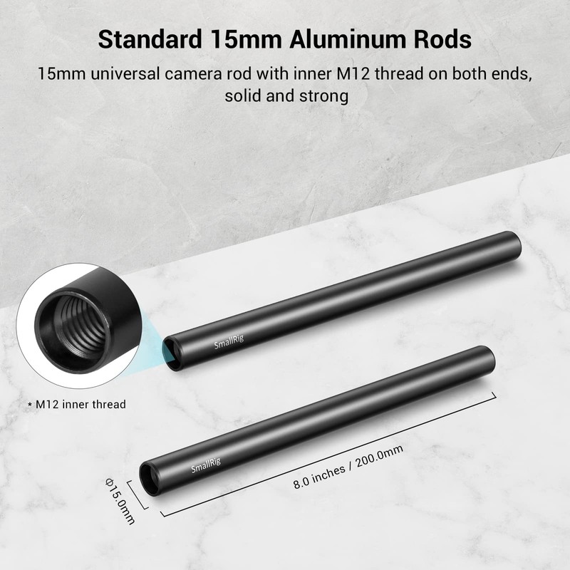 SMALLRIG 2pcs Black Aluminum Alloy 15mm Rod - 20cm 8inch-1051