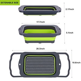 QiMH Colador plegable de silicona para colocar sobre el fregadero, 9 cuartos (8.5 litros), coladores de cocina extra grandes con asas extensibles, ver