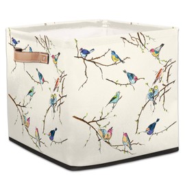 Cube Organizer Bins Retro Bird Collapsible Storage Box Baskets 13"x 13" with Leather Handles for Nursery, Home, Kids Room, Closet Shelf Clothes Toys Storage