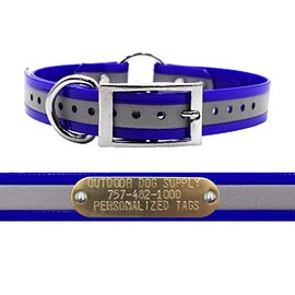 Outdoor Dog Supply's 1" Wide Reflective Ring in Center Dog Collar Strap with Custom Brass Name Plate (18" Long, Reflective Dark Blue)