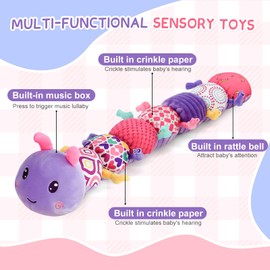 WISHTIME Interactive Musical Toy for Sensory Stimulation，Auditory，Enhances Development in Infants，Baby Toys 0-6 Months, 6-12 Months Baby Gifts, Montessori Toys, Purple Caterpillar