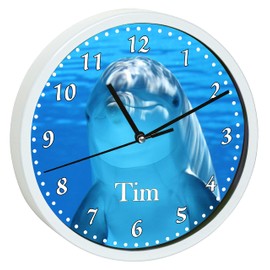 CreaDesign WU-30-1128 Dolphin Wall Clock for Children's Room, Silent Movement without Ticking, Customisable with Name, White Frame, Diameter 19.5 cm