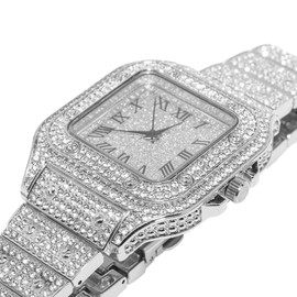 Halukakah Square Dial Diamond Gold Watch Iced Out, Men's 18k Real Gold/Platinum White Gold Plated Quartz Bracelet 24 cm, with Cuban Chain Necklace Bracelet Set Options, with Gift Box, Platinum-plated