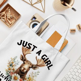 WAITPI Moose Reindeer Canvas Tote Bag Gifts for Women Moose Animal Lovers Owner, Floral Who Loves Moose Tote Bags, Funny Cute Aesthetic Reusable Tote Bag for Shopping Camping Christmas