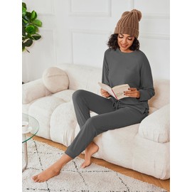 Ekouaer Womens Fuzzy Fleece Pajama Sets Long Sleeve Jogger Sets Comfy Sleepwear Loungewear with Pockets,Small,Dark Gray