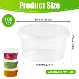 ADERTOS Sauce Pots with Lids, 100 PCS 35ml/1.4oz Hinged Sauce Cups Round Food Container Pots Clear Small Deli Pot Reusable Jelly Shot Cups Plastic Leakproof Food Cups Takeaways Containers for Chutney