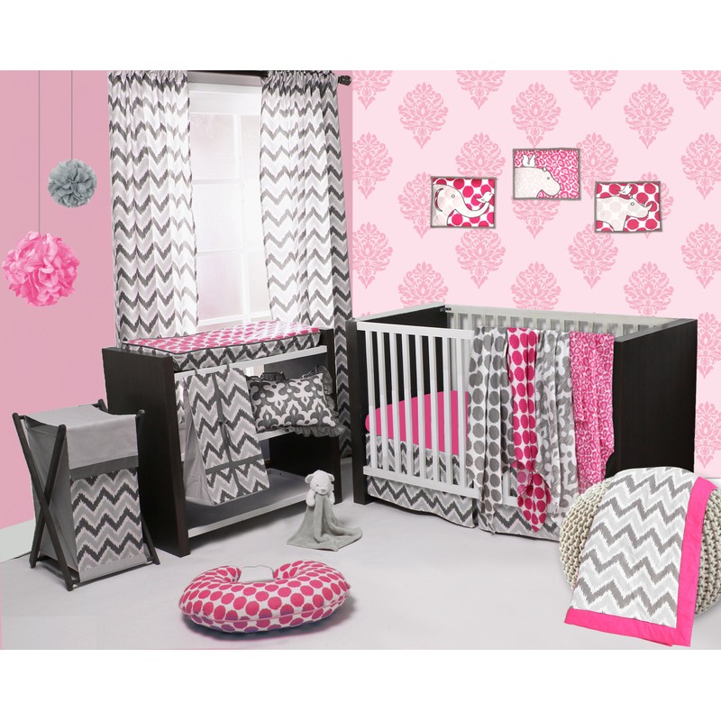 Bacati - Pink/Grey Ikat Chevron Muslin 10 Pc Girls Crib