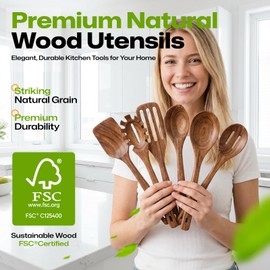 AIUHI Wooden Utensils Set of 6, Teak Wood Kitchen Utensils Set for Non-stick Cookware, Non-Toxic Wooden Spoons for Cooking-Durable, Comfortable Grip & Heat Resistant