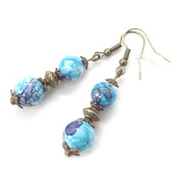 Bronze necklace and earrings set with blue and purple tinted white jade beads pendant and Tibetan beads